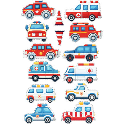 Rendőrautó, mentős, tűzoltóautó gyerek bicikli matrica - 14 db-os