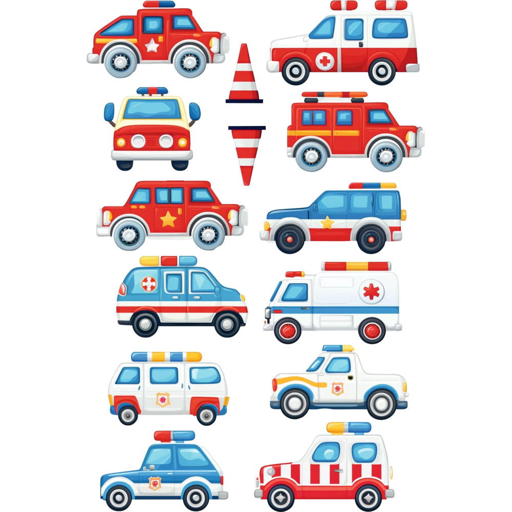 Rendőrautó, mentős, tűzoltóautó gyerek bicikli matrica - 14 db-os