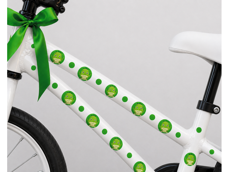 Dinoszauruszos zöld pöttyös gyerek bicikli matrica - 32 db-os