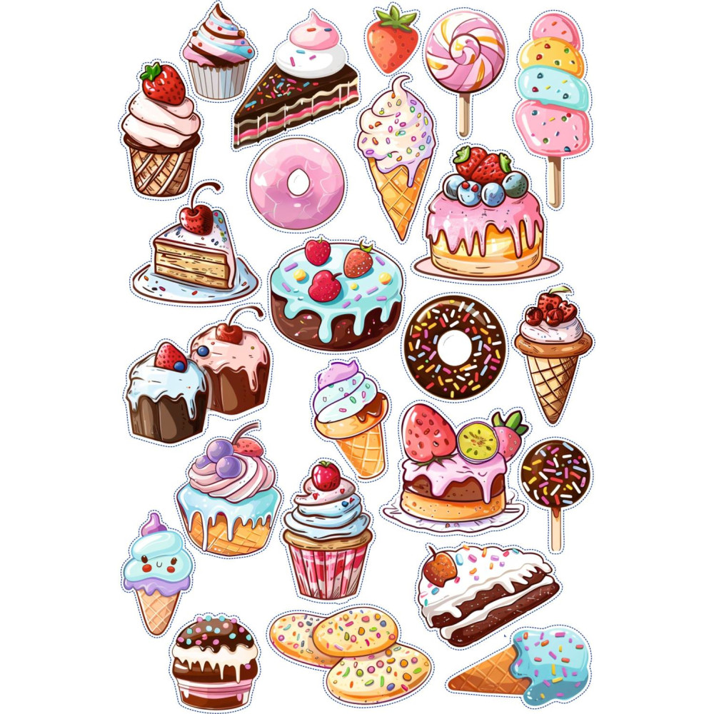 Édesség, fagyi, sütis gyerek kerékpár matrica szett - 25 db-os