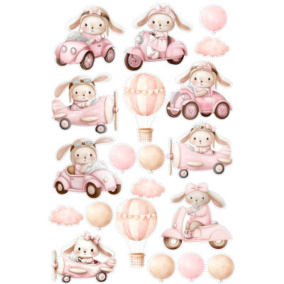 Kislány járműves, nyuszis gyerek kerékpár matrica - 20 db-os