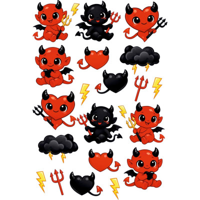 Ördögös piros, fekete, szíves gyerek kerékpár matrica - 20 db-os