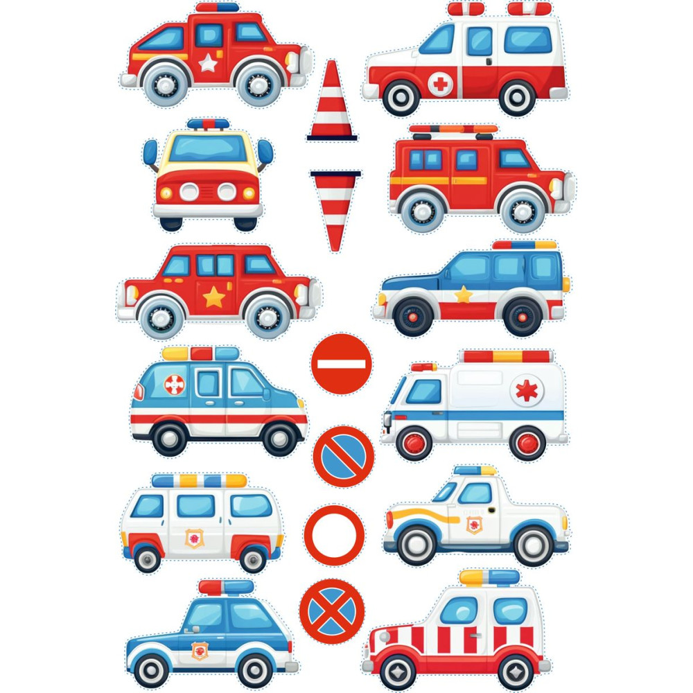 Rendőrautó, mentős, tűzoltóautó gyerek bicikli matrica - 18 db-os