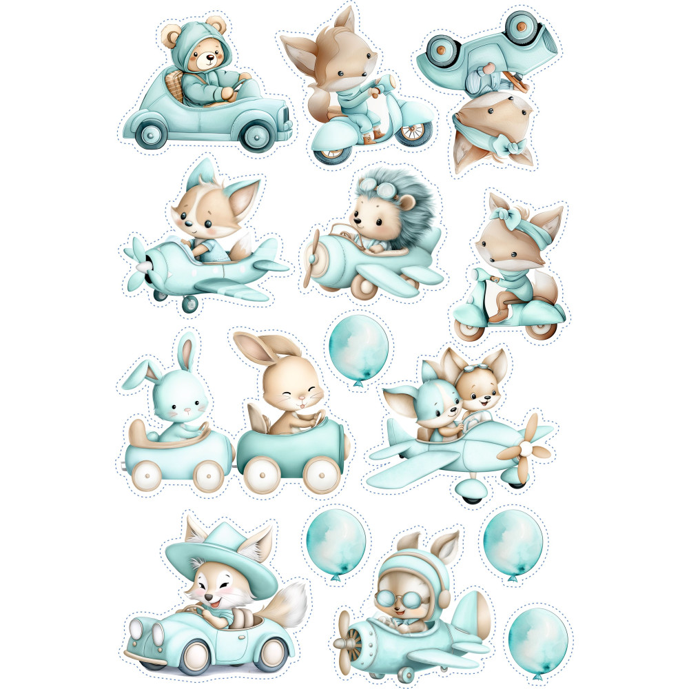 Kisfiú állatok, repülő, autó, motoros gyerek kerékpár matrica - 14 db-os