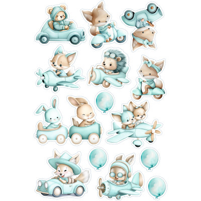Kisfiú állatok, repülő, autó, motoros gyerek kerékpár matrica - 14 db-os