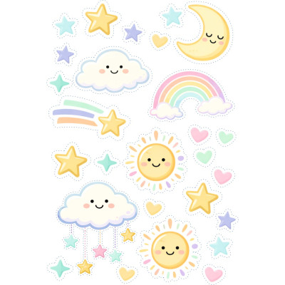 Szivárvány, felhő, Nap, Hold gyerek kerékpár matrica - 28 db-os