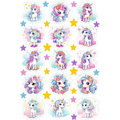 Egyszarvús gyerek kerékpár matrica szett, kerek - 35 db-os