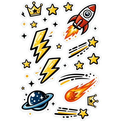 Villám, üstökös, csillagok gyerek kerékpár matrica - 27 db-os