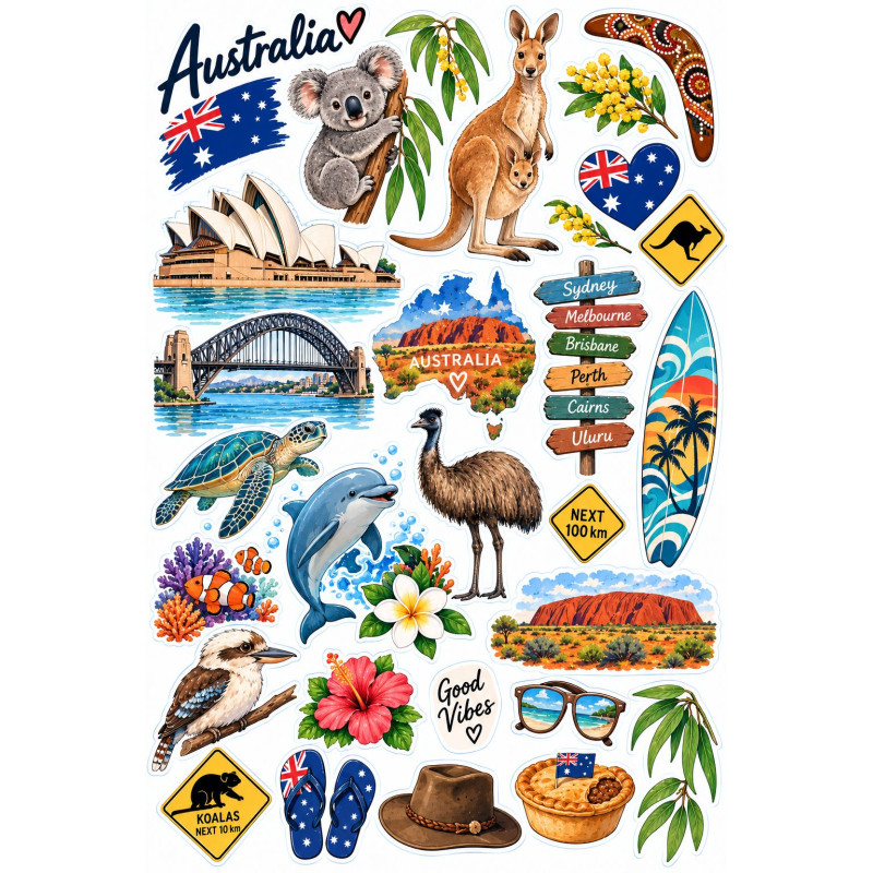 Ausztrália utazós bicikli matrica szett – koala, kenguru, Sydney