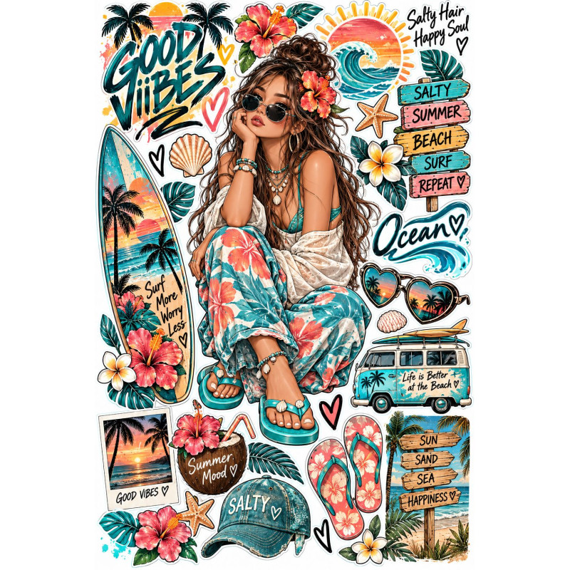 Beach Girl barna nyári bicikli matrica szett – surf és good vibes