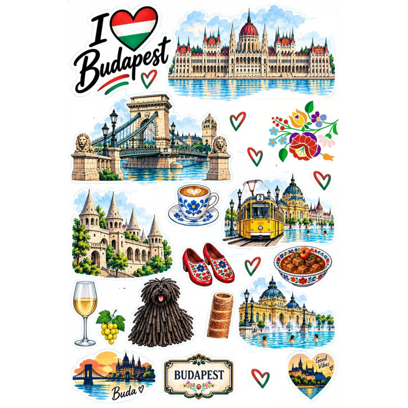Budapest magyaros kerékpár matrica szett – városi és népi motívumok