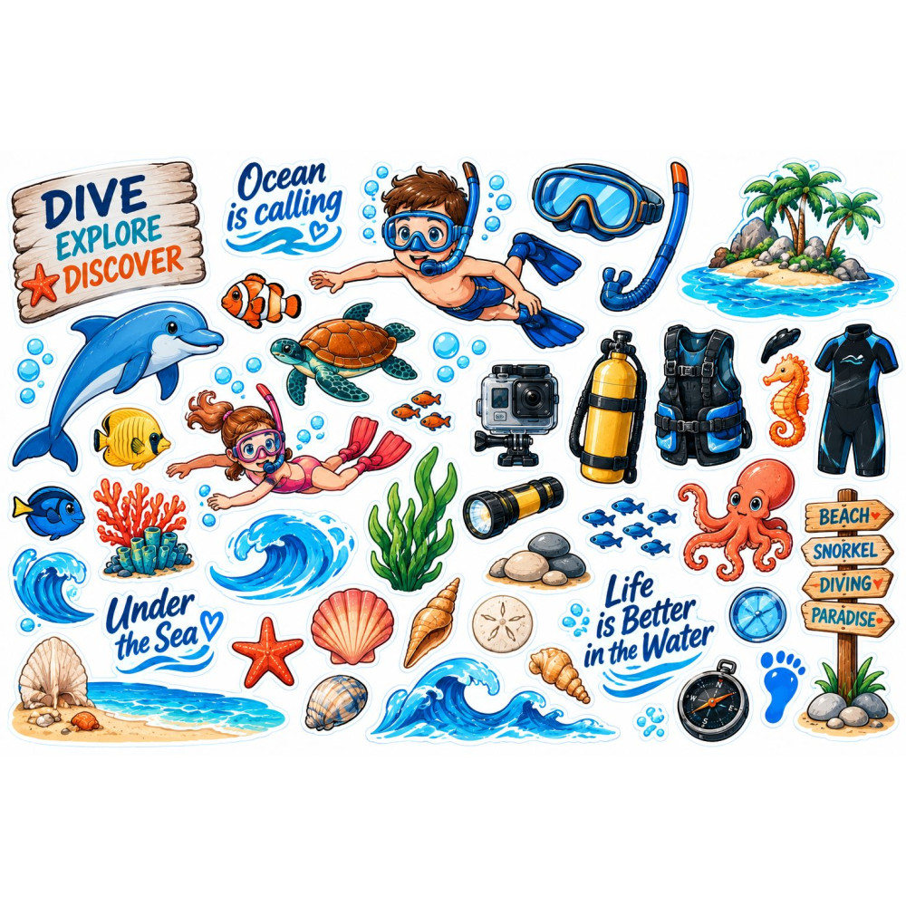 Búvárkodós bicikli matrica szett – snorkel, delfin és tengeri világ
