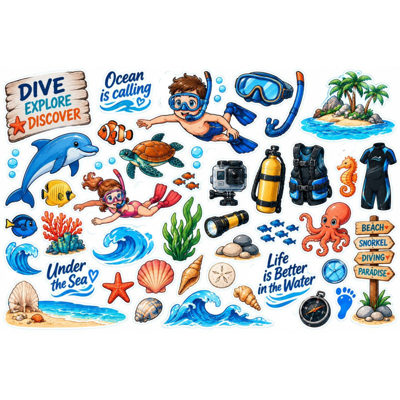 Búvárkodós bicikli matrica szett – snorkel, delfin és tengeri világ