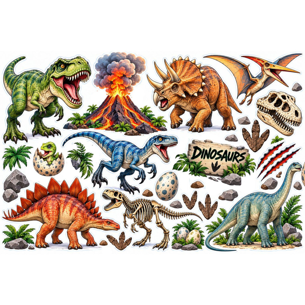 Dinoszauruszos bicikli matrica szett – T-Rex, triceratops és vulkán