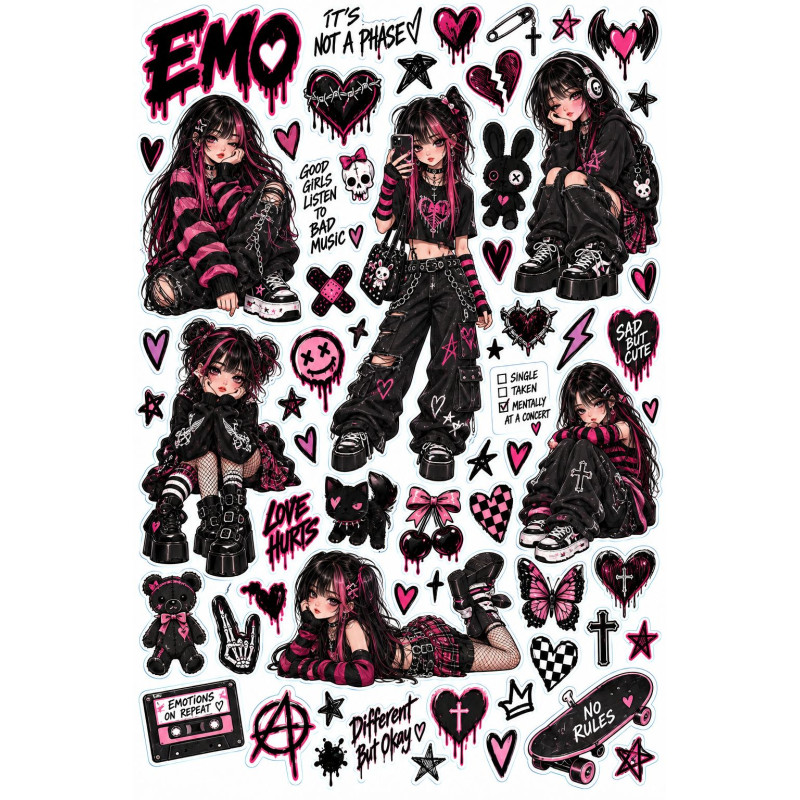 Emo tini lány kerékpár matrica szett – pink-fekete