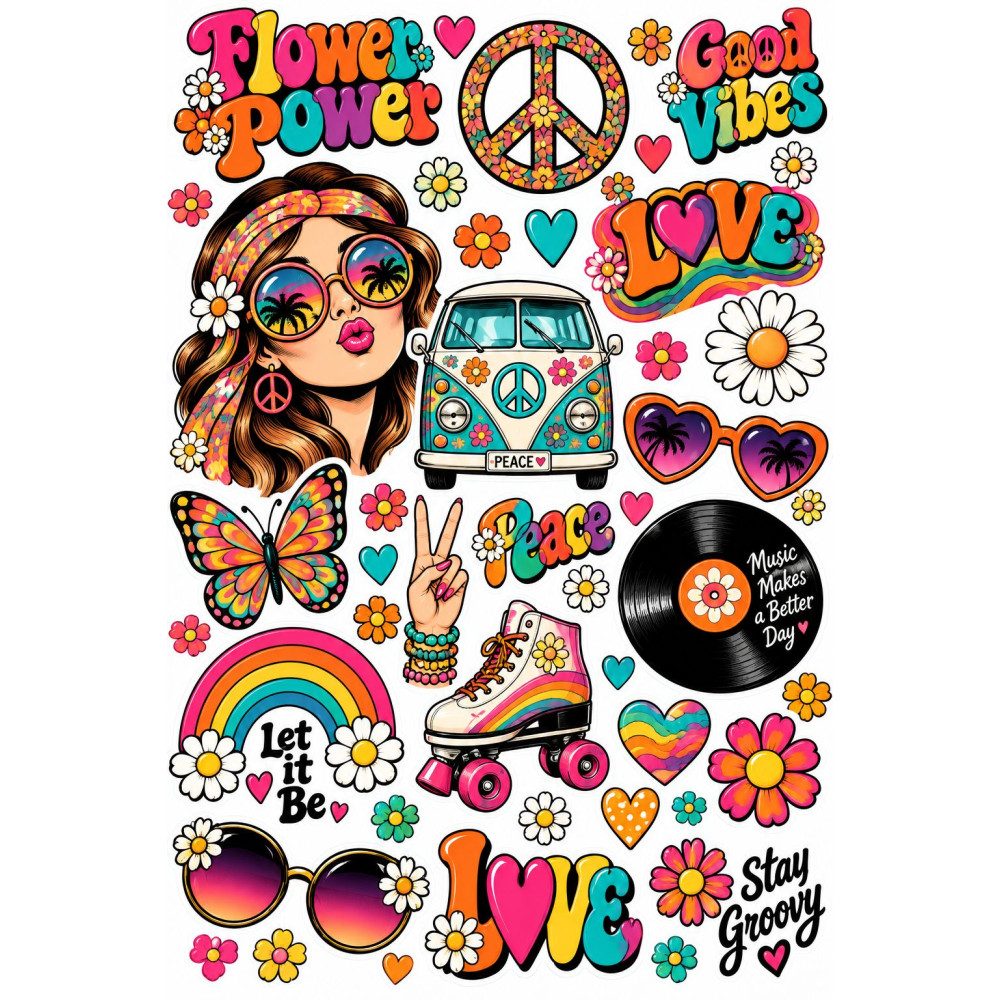 Flower Power retro kerékpár matrica szett – hippi és peace