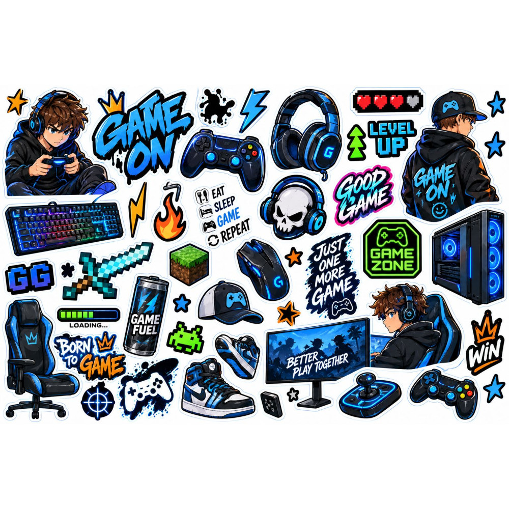 Gamer fiú kerékpár matrica szett – Game On és Level Up
