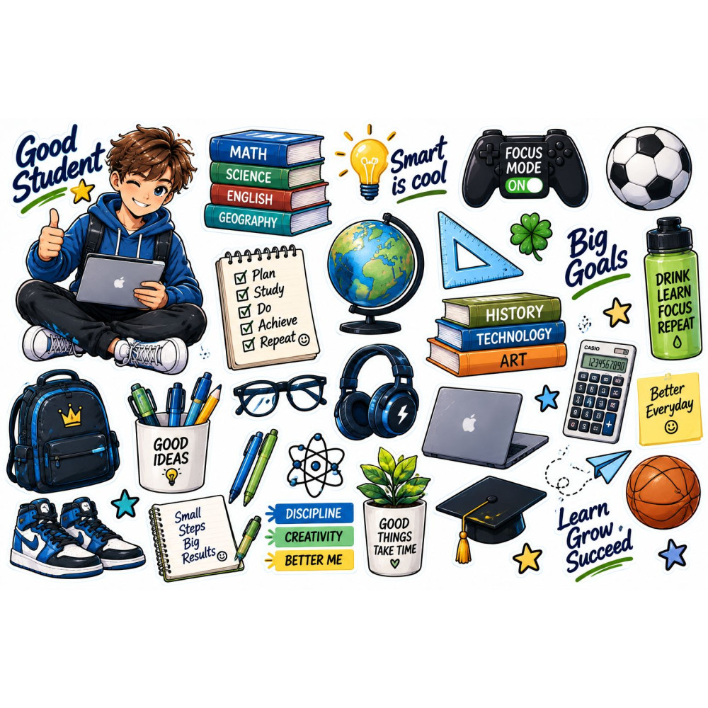 Iskolás fiú kerékpár matrica szett – Good Student
