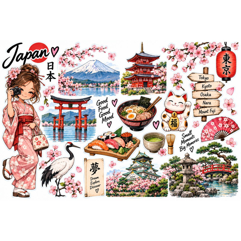 Japán utazós kerékpár matrica szett – Fuji, cseresznyevirág, Tokió