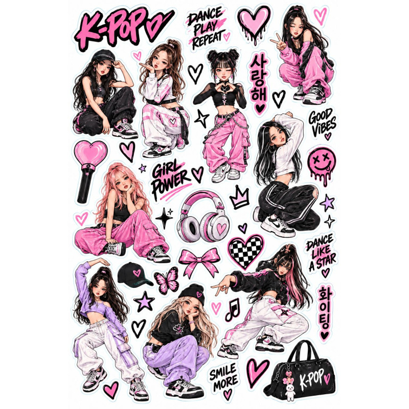 K-pop tini lány kerékpár matrica szett – pink-fekete