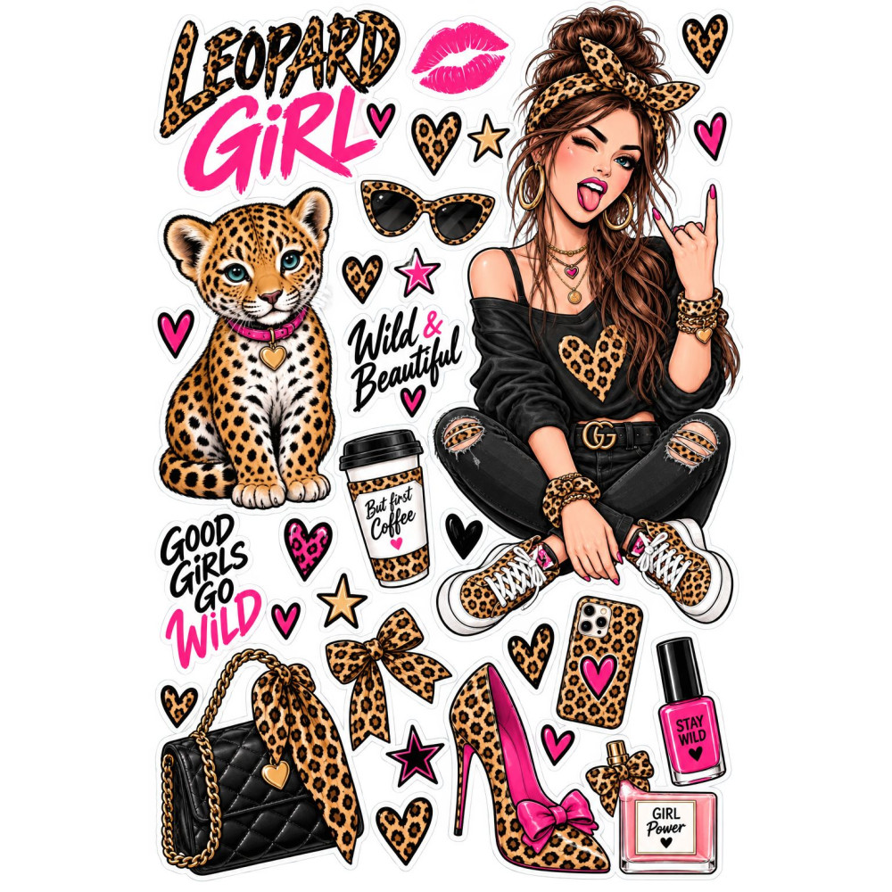 Leopard Girl kerékpár matrica szett – pink leopárdos divat