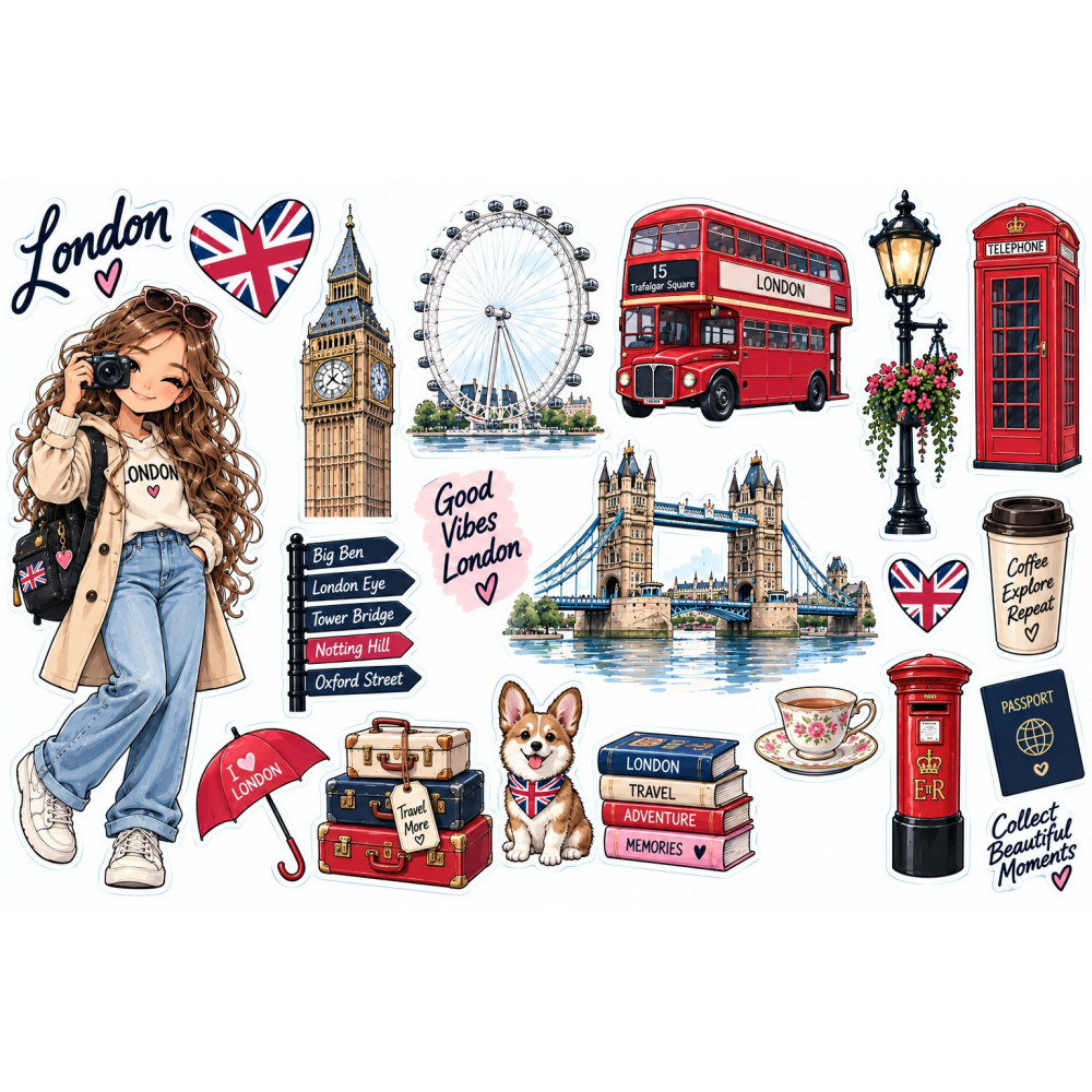 London utazós bicikli matrica szett – Big Ben, London Eye, busz London utazós bicikli matrica szett – Big Ben, London Eye, busz