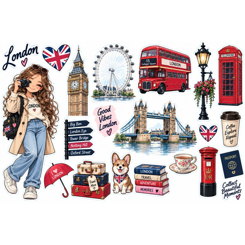 London utazós bicikli matrica szett – Big Ben, London Eye, busz