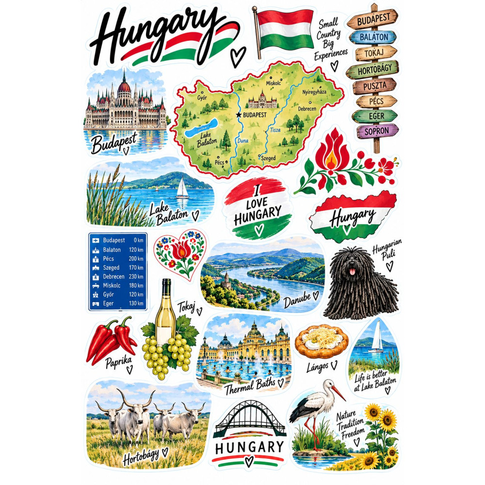 Magyarország utazós bicikli matrica szett – Balaton, Budapest, Hortobágy