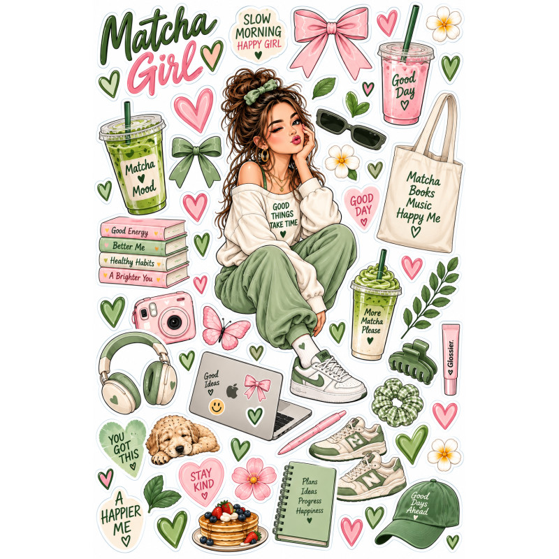 Matcha Girl kerékpár matrica szett – zöld-pink lifestyle