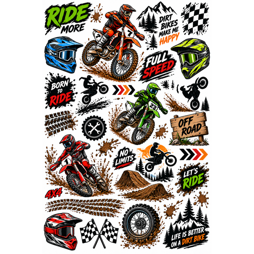 Motocross bicikli matrica szett – crossmotor, sár és FULL SPEED Motocross bicikli matrica szett – crossmotor, sár és FULL SPEED