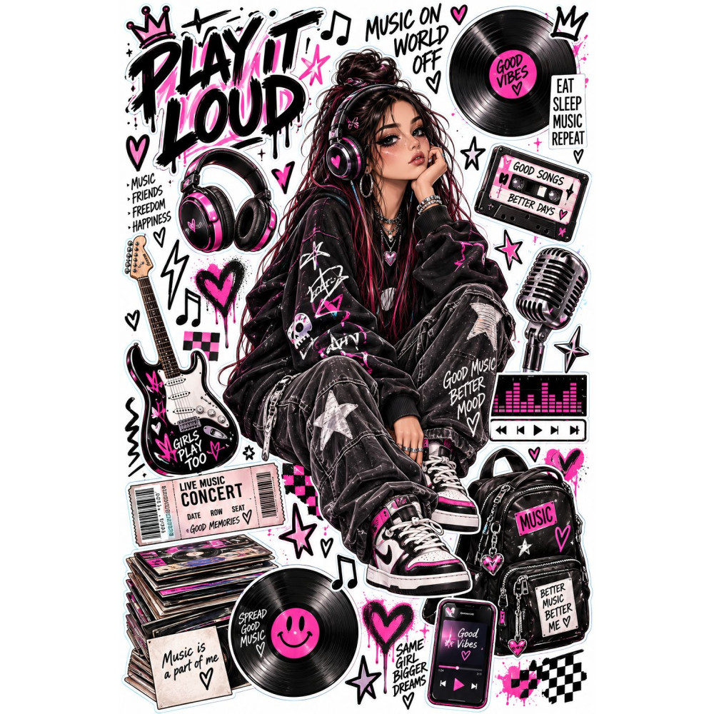Music Girl bicikli matrica szett – pink-fekete zenei street