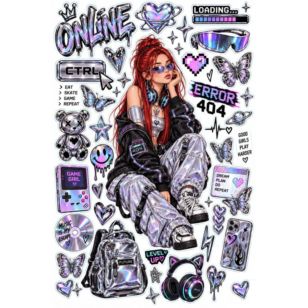 Online Cyber Girl kerékpár matrica szett – 404 és gamer