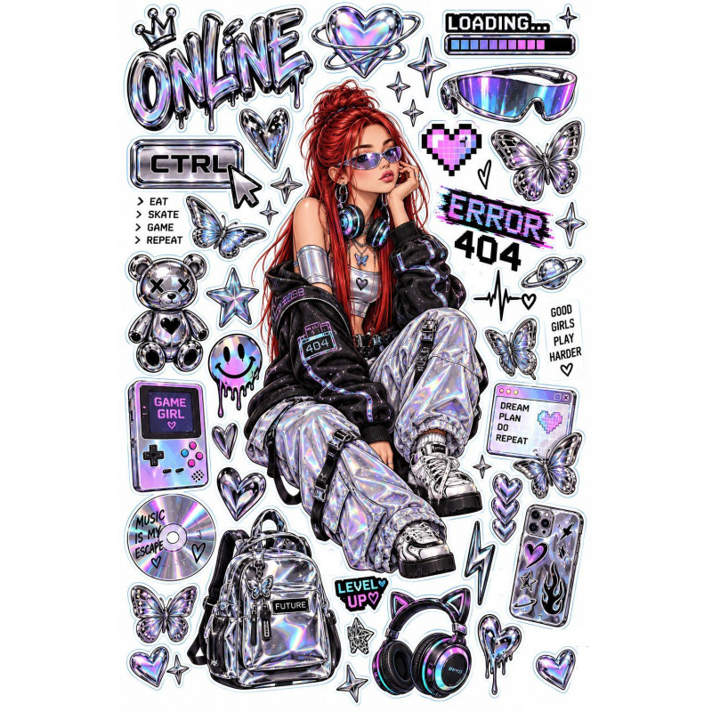 Online Cyber Girl kerékpár matrica szett – 404 és gamer