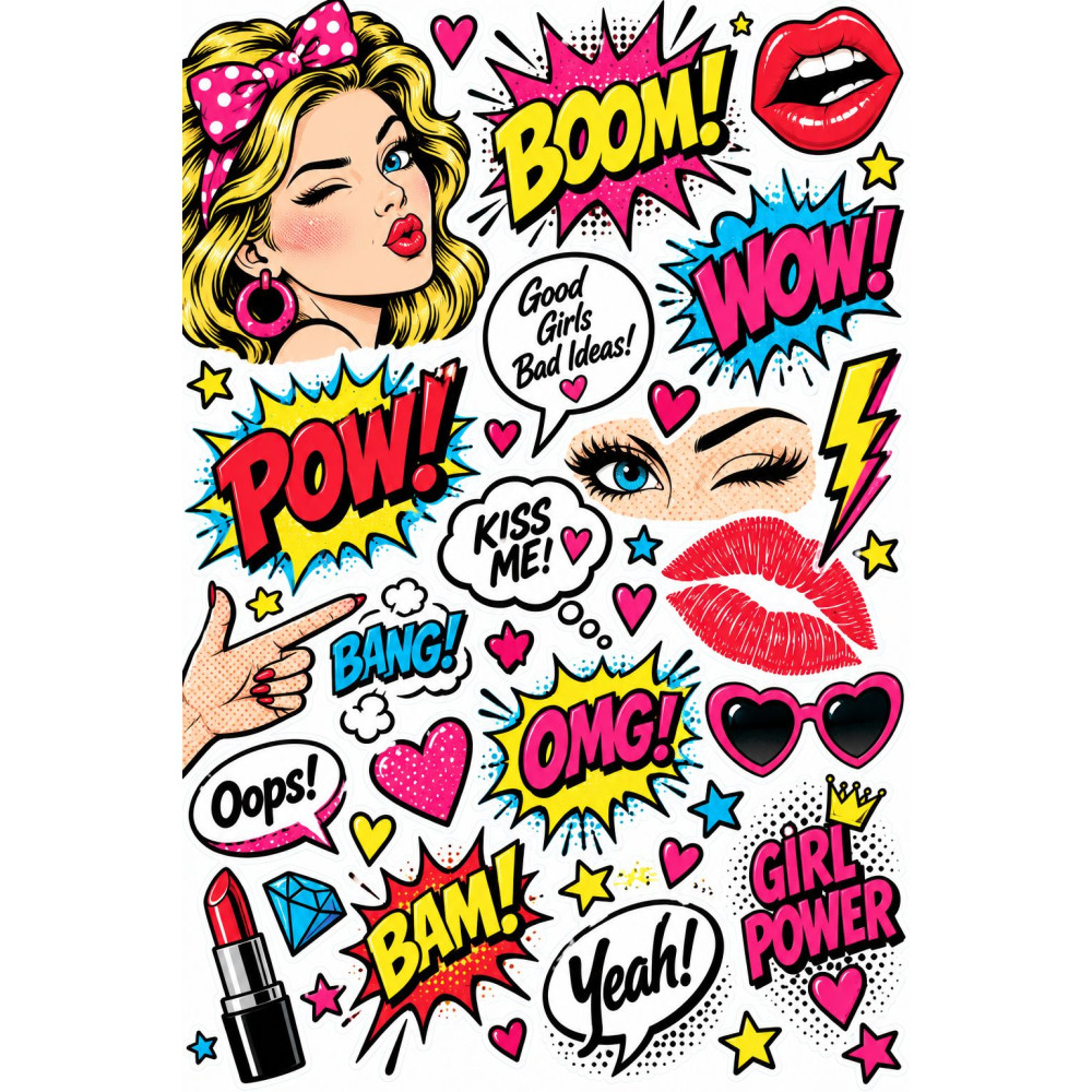 Pop Art Girl bicikli matrica szett – BOOM, WOW, POW