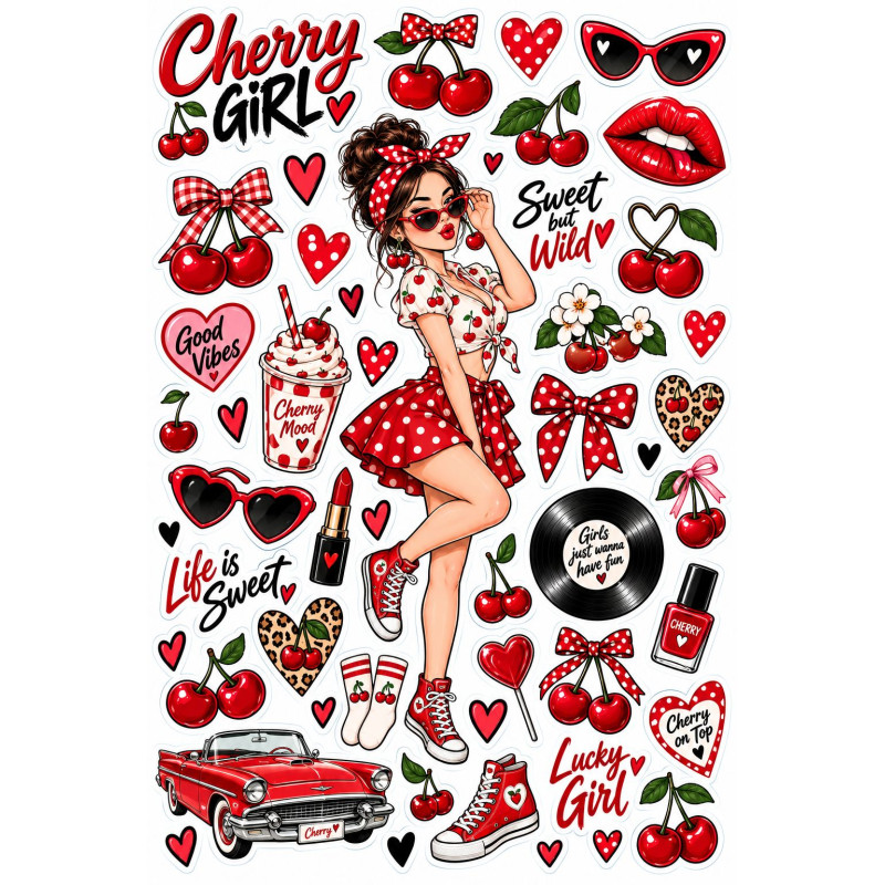 Retro cseresznyés bicikli matrica szett – Cherry Girl