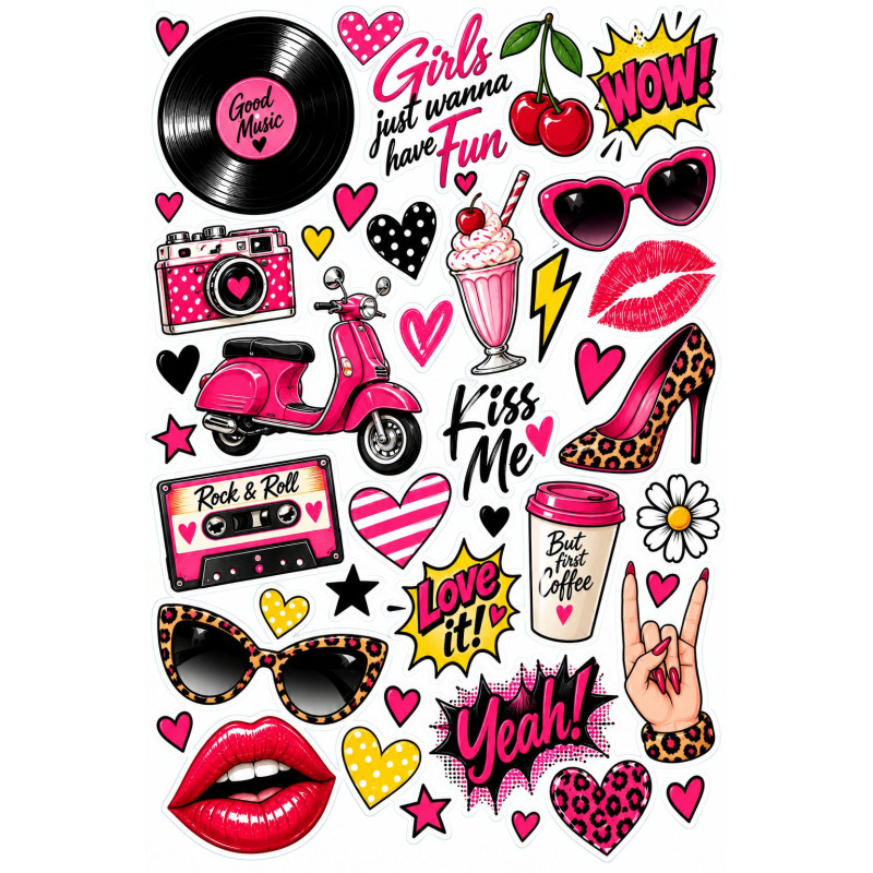 Retro Rock & Roll pink bicikli matrica szett – 50-es évek