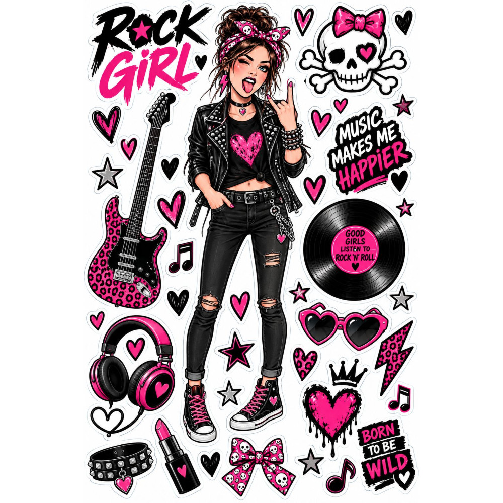 Rock Girl gitáros bicikli matrica szett – pink-fekete Rock Girl gitáros bicikli matrica szett – pink-fekete