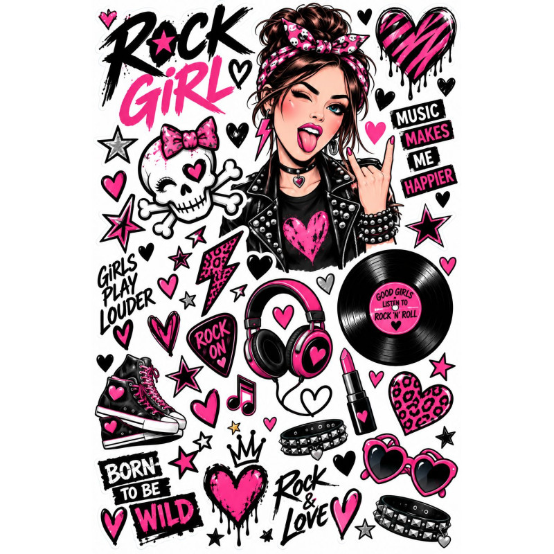 Rock Girl bicikli matrica szett – pink-fekete rockos