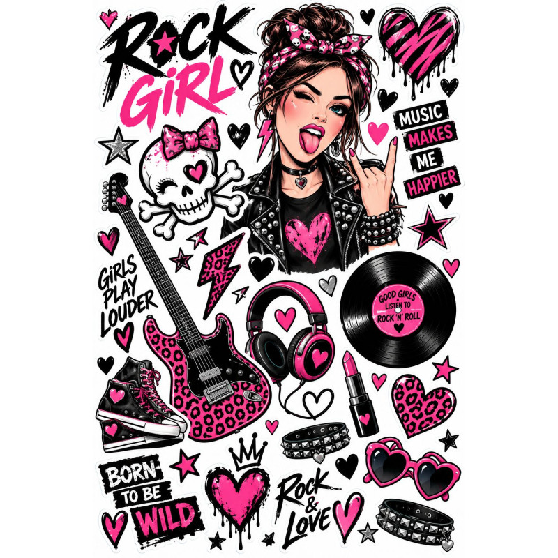 Rock Girl kerékpár matrica szett – zenei pink-fekete