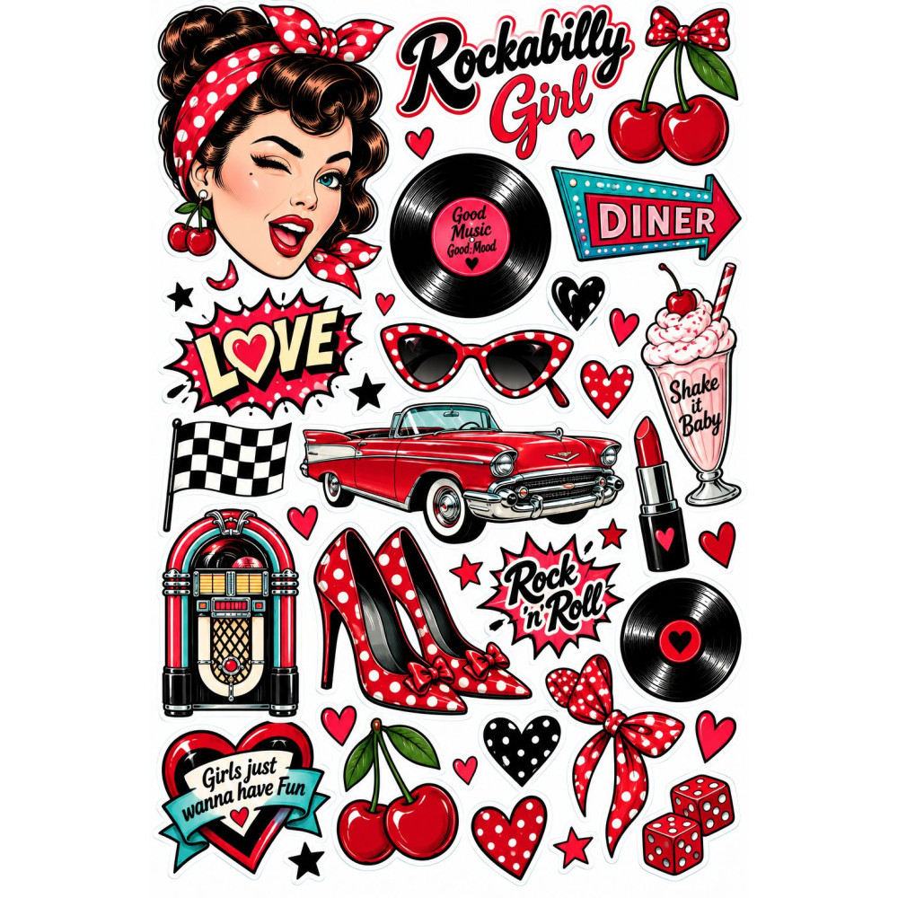 Rockabilly Girl bicikli matrica szett – piros-fekete retro
