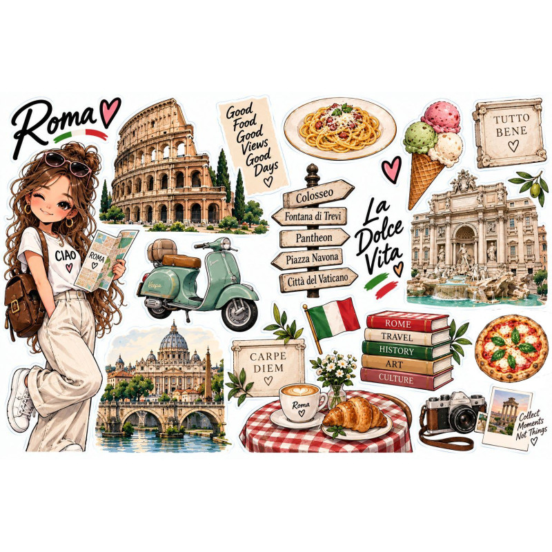Róma utazós kerékpár matrica szett – Colosseum és Dolce Vita