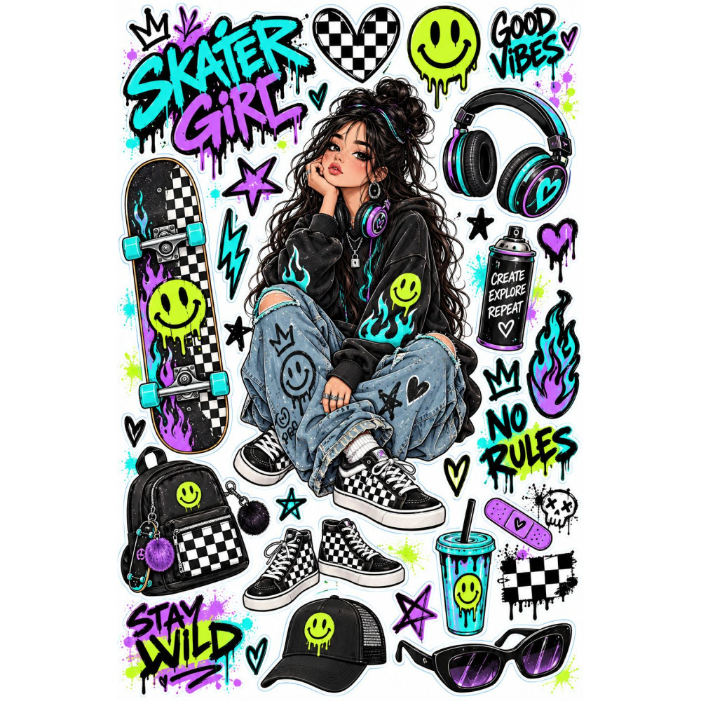 Skater Girl tini lány kerékpár matrica szett – graffiti stílus Skater Girl tini lány kerékpár matrica szett – graffiti stílus