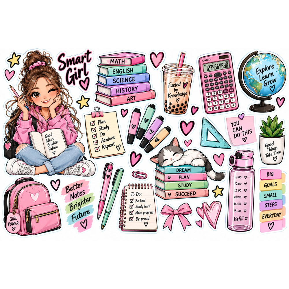 Smart Girl kerékpár matrica szett – tanulós pink iskolai minták
