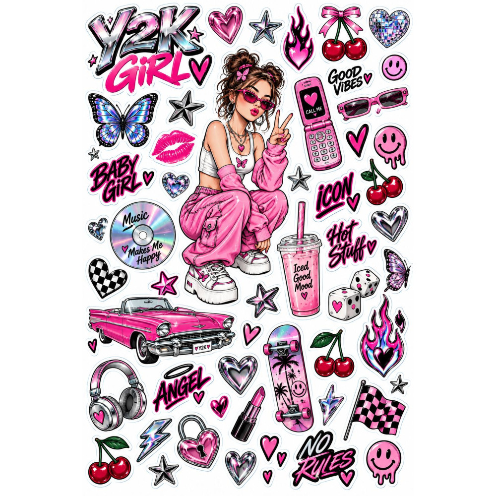 Y2K Girl kerékpár matrica szett – pink retro futurisztikus Y2K Girl kerékpár matrica szett – pink retro futurisztikus