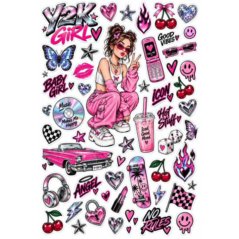 Y2K Girl kerékpár matrica szett – pink retro futurisztikus