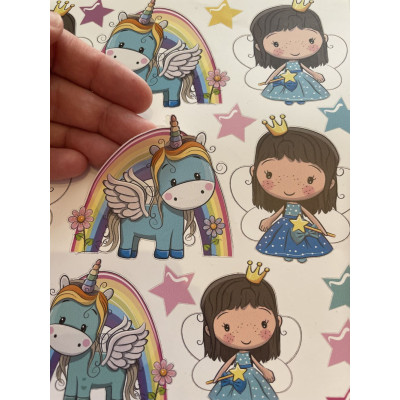 Hercegnő és Egyszarvú gyerek bicikli matrica, kék - 30 db-os