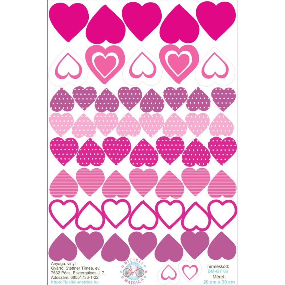 Szívek gyerek kerékpár matrica - 56 db-os szett