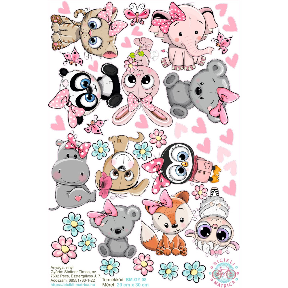 Lány állatok gyerek bicikli matrica - 42 db-os