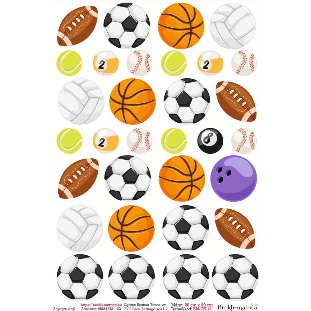 Sport gyerek bicikli matrica (foci, kosár, baseball) - 32 db-os