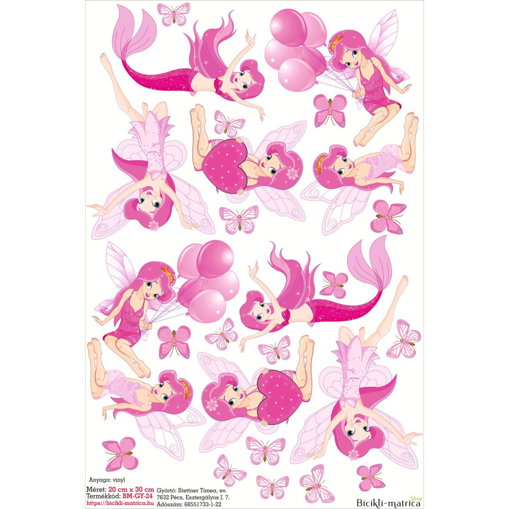 Pink tündéres gyerek kerékpár matrica - 26 db-os